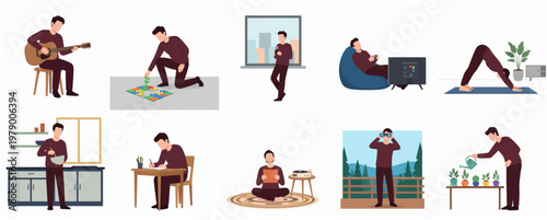 Illustrated Various Relaxing Lifestyle Activities of a Man Character in Daily Routine