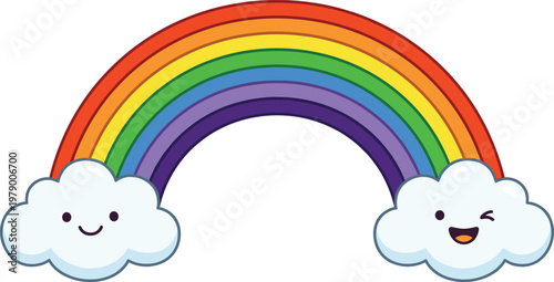 Playful Rainbow with Smiling and Winking Clouds, Colorful Arc and Joyful Faces, Bright and Cheerful Design