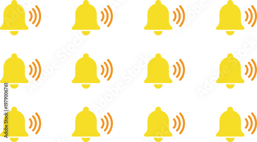 Set of 12 Yellow Notification Bell Icons with Sound Waves, Alert Symbol for Reminders and Messages in Flat Design