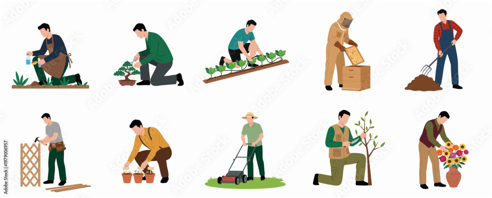 Fototapeta premium Flat Illustration Various Gardener at Work Simple Detailed Isolated Set