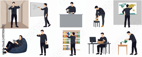 Minimalist Lifestyle Man Character in Various Actions Lifestyle Illustration