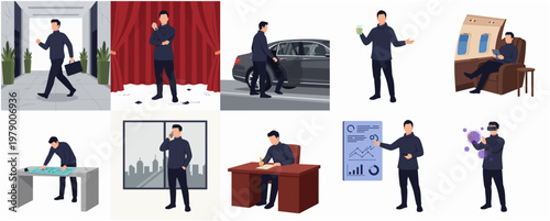Flat Style Man Character in Different Situations Illustration Set
