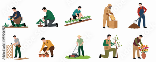 Flat Illustration Various Gardener at Work Simple Detailed Isolated Set