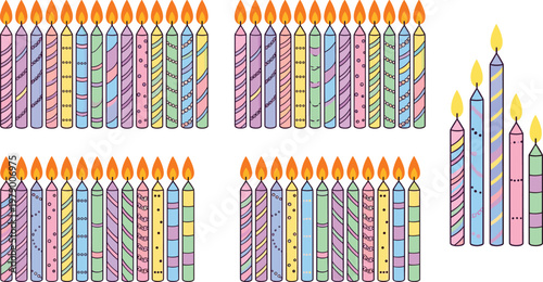 Vibrant Birthday Candle Set with Colorful Patterns in Pink, Purple, Green, and Yellow, Decorative Candles with Flames