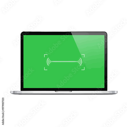 A modern laptop computer with a green screen display for digital content editing