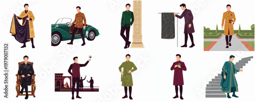 Diverse Flat Illustration of Man Wearing Various Stylish Ethnic Outfits