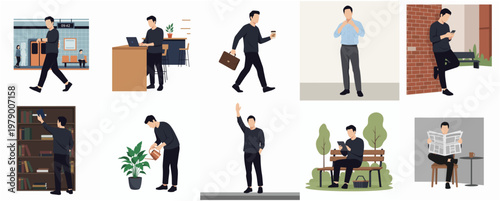 Flat Illustration Set of Young Adult Man in Daily Life Activity