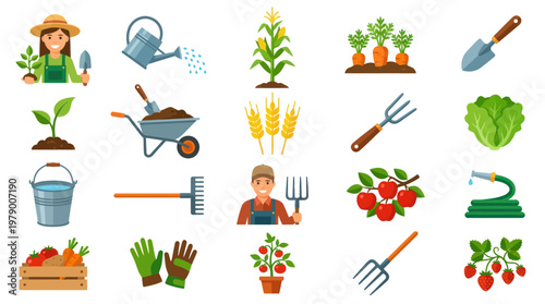 Farming  Gardening Flat Icons Set - Agriculture, Tools, Vegetables, Fruits