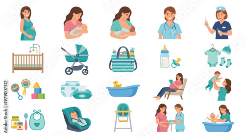 Flat Vector Pregnancy, Maternity  Newborn Baby Care Icons Set - Mothers, Doctors  Baby Items