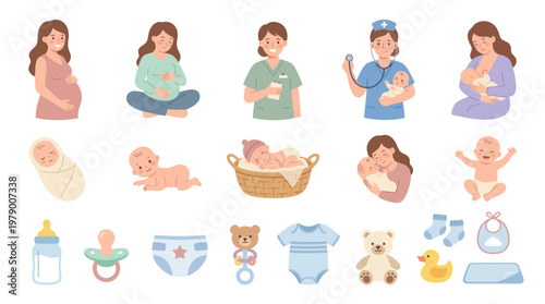 Flat Illustration of Pregnancy, Newborn Baby Care, and Motherhood