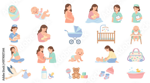 Flat Vector Icons of Motherhood, Pregnancy, Newborn Baby Care