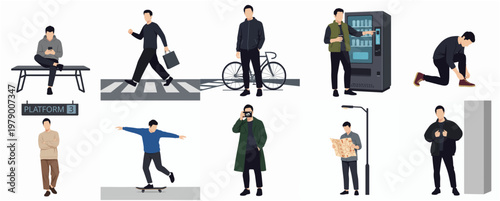 Flat Style Various Activities of People in Public Places Illustration
