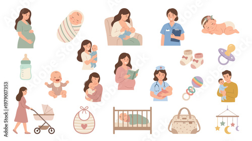 Maternity and Newborn Flat Vector Illustration Set. Pregnant, Mothers, Babies, Healthcare, Parenting.