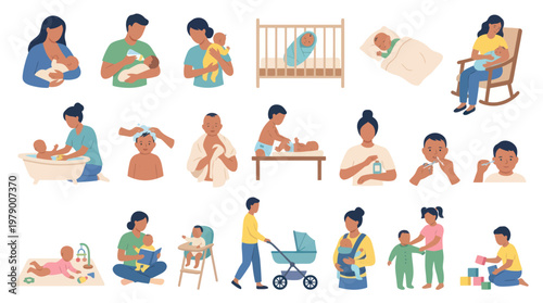 Flat Vector Childcare  Parenting Daily Routine Illustrations - Baby Care Activities