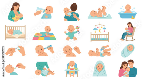 Flat Vector Illustration: Baby Care, Feeding, Bathing, Sleeping, and Parenting