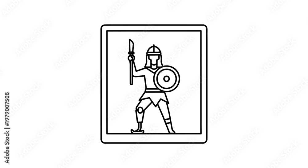 Fototapeta premium Ancient Warrior Icon with Shield and Spear, Medieval Soldier Line Art