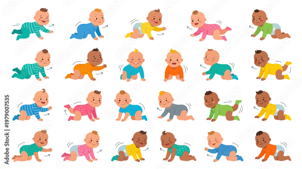 Obraz premium Cute cartoon babies crawling and playing in various outfits