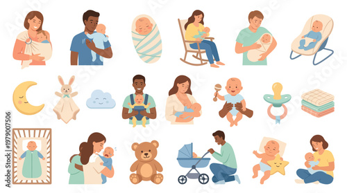 Parenting and Newborn Baby Care Flat Vector Illustration Set with Parents and Infant Items