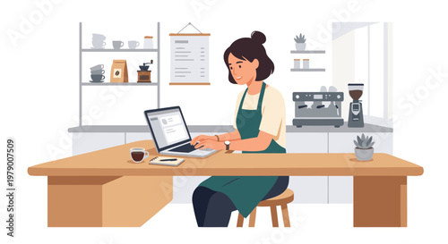 Cafe Owner Working on Laptop