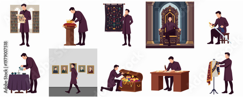 Flat Style Man Doing Royal Activities with Different Tools Illustration Set
