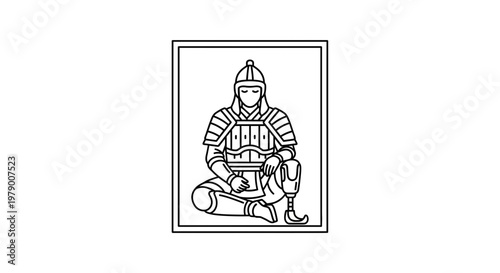 Ancient warrior sitting in armor, historical illustration, Japanese samurai style