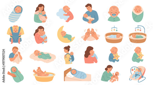 Parenting and Baby Care Flat Illustration Set: Newborns, Infants, and Parents