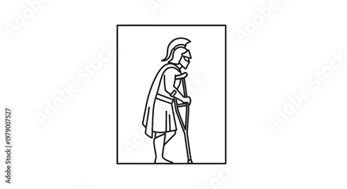 Ancient warrior on crutches, symbolizing resilience and overcoming adversity, line art