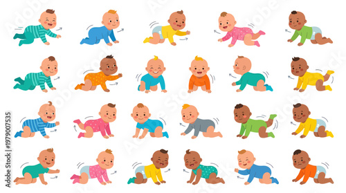 Cute cartoon babies crawling and playing in various outfits