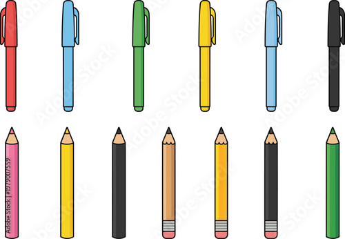 Colorful Pen and Pencil Icons Set, Stationery Tools for School, Office, and Creative Work