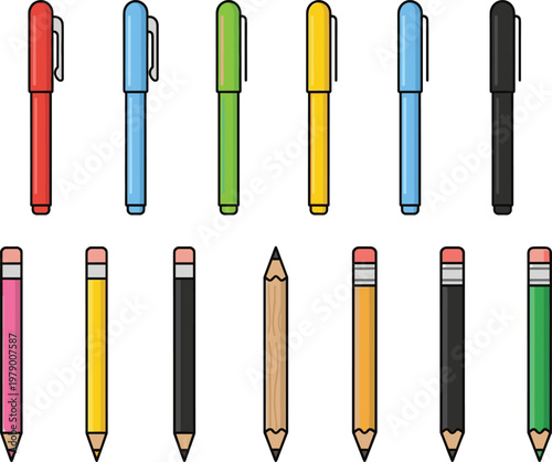 Colorful Pen and Pencil Icons Set, Stationery, Writing Tools for School, Office, and Education