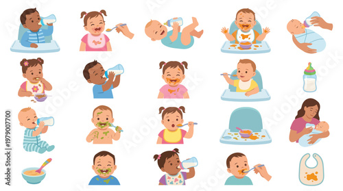 Baby Feeding  Care Vector Illustrations: Infant Nutrition, Bottle, Spoon, Breastfeeding