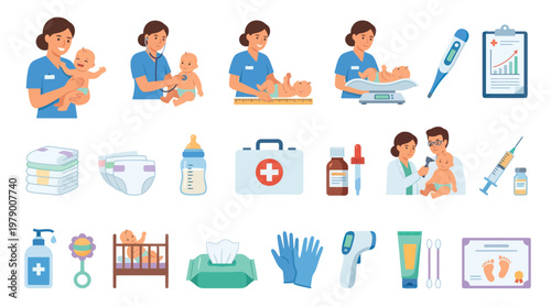 Medical Newborn Baby Care Flat Vector Illustration Set: Pediatricians, Nurses, and Health Supplies
