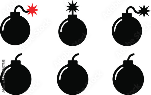 Bomb Icons Set with Fuses, Explosive, Danger, and Warning Symbols