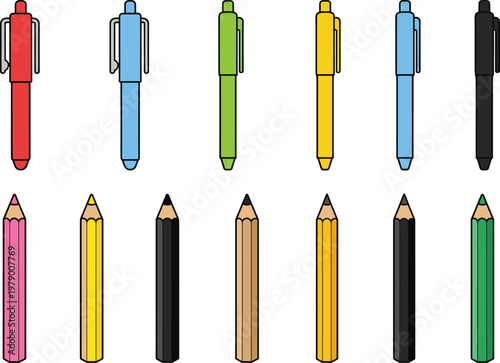 Colorful Pen and Pencil Icons Set, Writing Tools for School, Office, and Creative Design