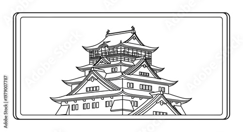 Traditional Japanese Castle Architecture Outline Drawing