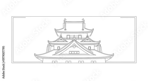 Traditional Japanese Castle Architecture Outline Illustration