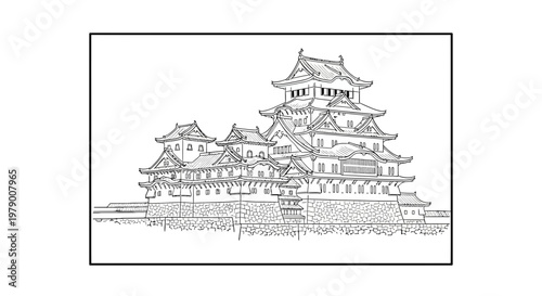 Traditional Japanese Castle Sketch - Ancient Architecture Landmark