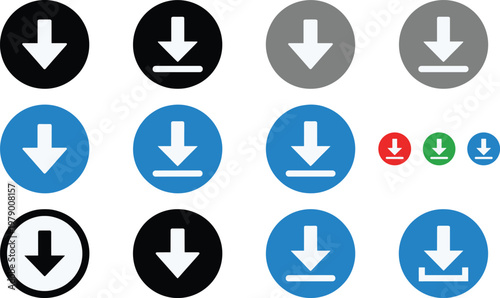 Circular Down Arrow Icons in Multiple Colors, Download, Navigation, and Action Symbols