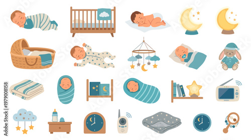 Flat Style Vector Icons of Baby Sleep and Nursery Items