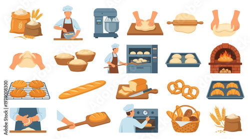 Bakery Baking Process Vector Set with Baker, Dough, Ovens, Bread and Pastries in Flat Style
