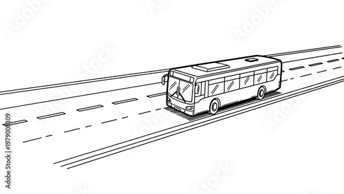 Dynamic line drawing of a bus traveling on a road, symbolizing public transportation, urban mobility, and journey concepts for various design and content needs.