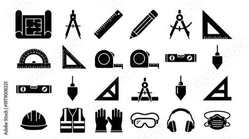 Comprehensive collection of construction, engineering, and architectural tools alongside vital safety equipment icons for various professional and educational applications.