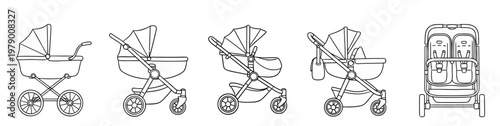 Outline drawing set featuring different types of baby strollers and prams, including a double stroller, ideal for parenting resources, product packaging, and infant care designs.