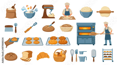 Flat Vector Icons of Baking Tools, Bread, and Bakery Equipment