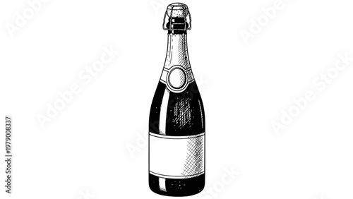 Detailed handdrawn black and white champagne bottle sketch, ready for custom branding on labels, suitable for luxury drink advertising, menus, and celebration themed projects.