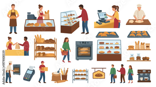 Flat Illustration of Bakery and Customers, Food Industry Scene