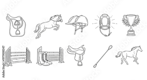Set of equestrian elements including horses, saddles, helmets, jumps, and trophies in line art style for sports, racing, and horse riding themes.