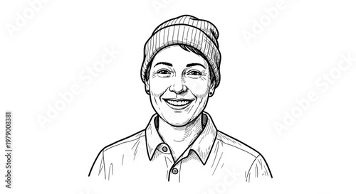 Black and white line drawing of a smiling individual wearing a knit cap and collared top. Expresses happiness and a welcoming attitude.