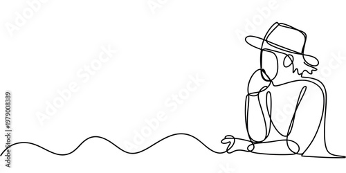 Continuous line drawing of a contemplative person in a hat, perfect for minimalist graphic design, evoking thought, reflection, and introspective concepts in creative content.