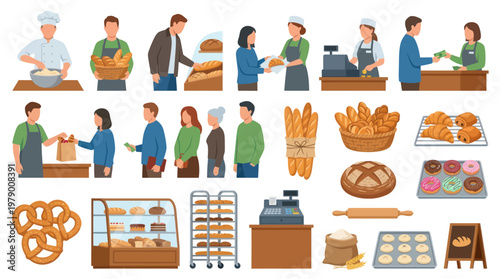 Flat illustration of bakery scenes with bakers and customers buying bread